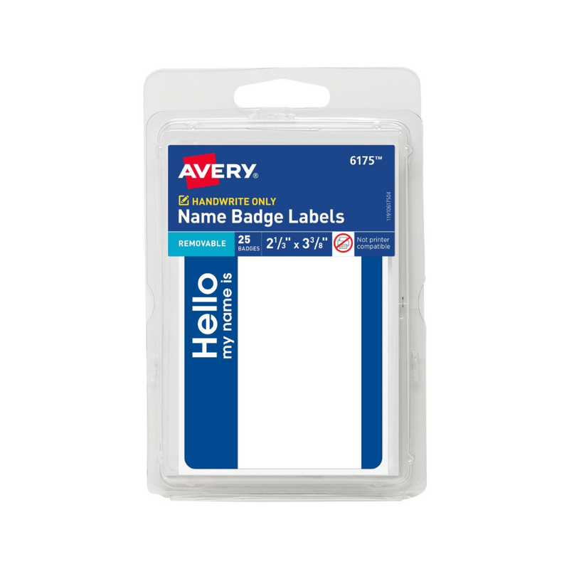 Avery® Etiquetas para distintivos de identificación Avery® Etiquetas para distintivos de identificación "Hello My Name Is", 8.6 x 5.9 cms, borde azul, no imprimibles, 25 etiquetas de identificación en total (6175)