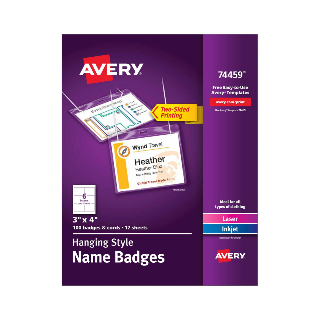 Avery® Gafetes con nombre colgantes de carga superior, 10.2 x 7.6 cms, 100 gafetes (74459)