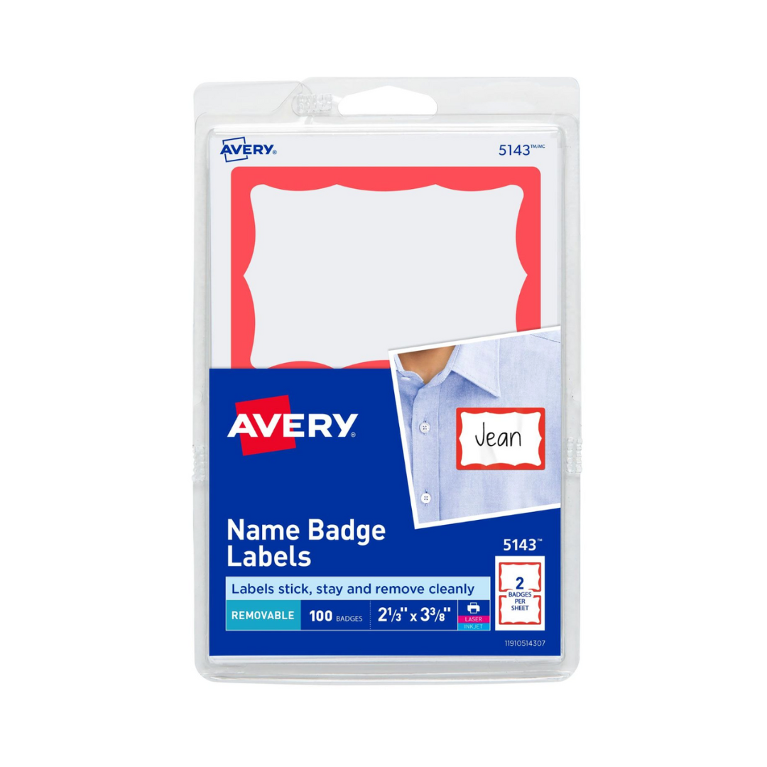 Avery® Etiquetas para distintivos de nombre, borde rojo, 8.5 x 5.9 cms, 100 insignias (5143)