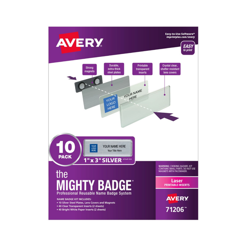 Avery® Insignias de identificación reutilizables, color plateado, tamaño 7.6 x 2.5 cms, 10 etiquetas de identificación duraderas y reutilizables, 80 insertos para impresoras láser (71206) Avery® Insignias de identificación reutilizables, color plateado, tamaño 7.6 x 2.5 cms, 10 etiquetas de identificación duraderas y reutilizables, 80 insertos para impresoras láser (71206)