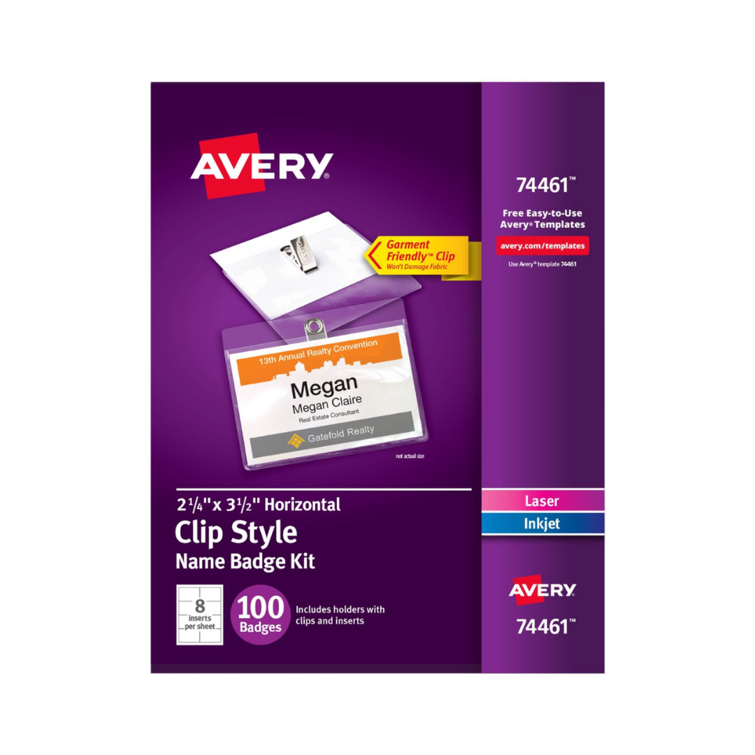 Avery® Gafetes con clip para imprimir o escribir, 8.9 x 5.7 cms, 100 insertos y soportes para gafetes con clips (74461)