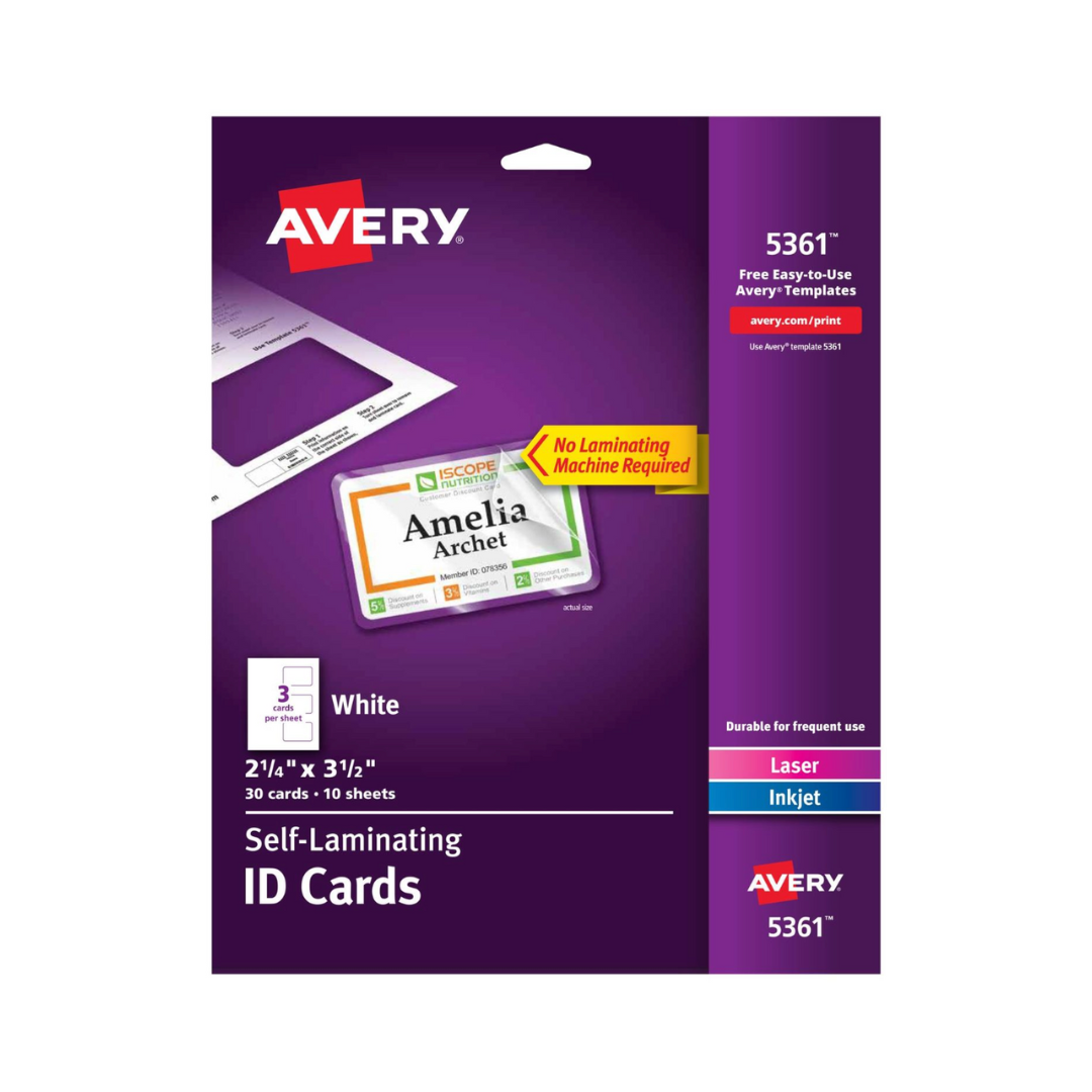 Avery® Tarjetas de identificación autolaminables, 8.9 x 5.7 cms, insertos imprimibles blancos, 30 tarjetas (5361)