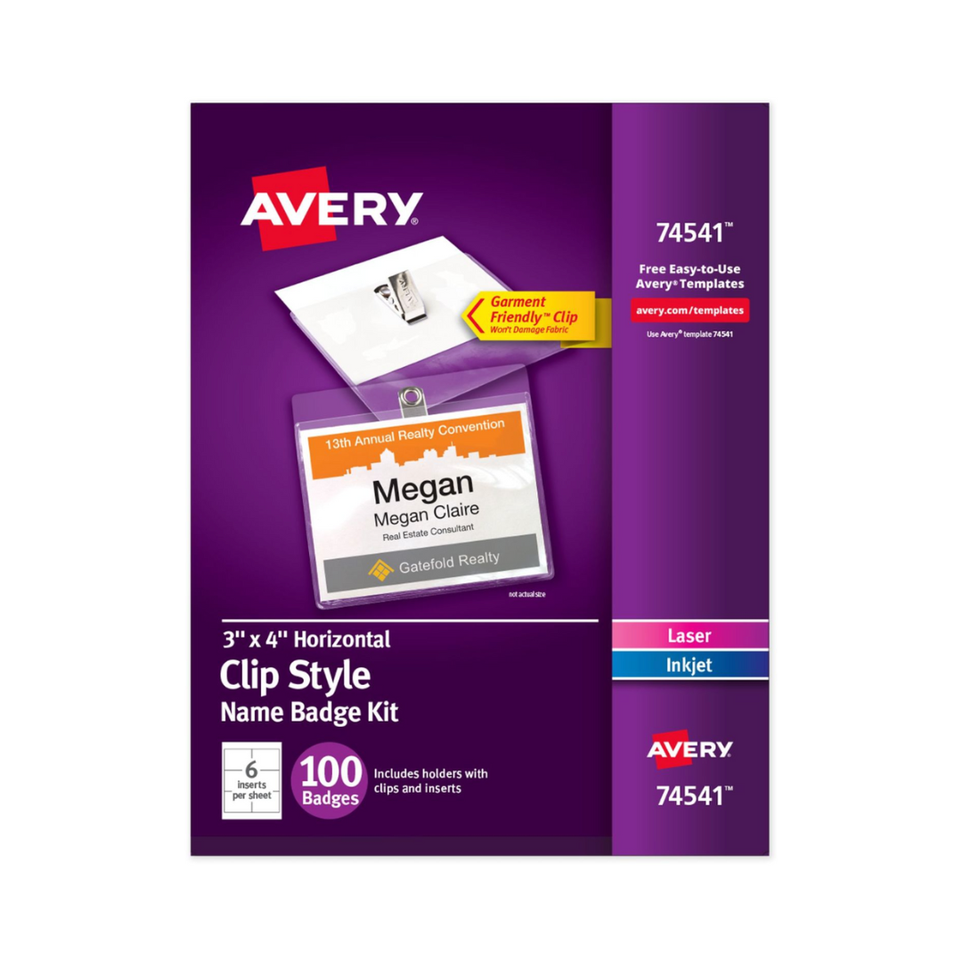 Avery® Clips personalizables para escarapelas, 10.2 x 7.6cms, blanco, 100 insertos imprimibles y soportes para credencial con clips (74541)