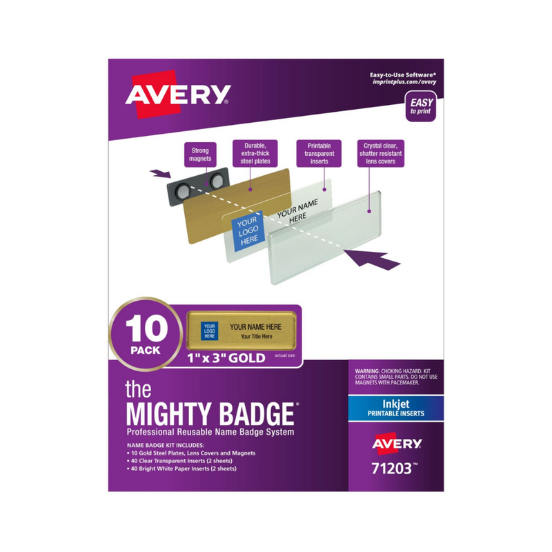 Avery® Insignias de identificación reutilizables, color dorado, tamaño tarjetas 7.6 x 2.5 cms, 10 etiquetas de identificación duraderas y reutilizables, 80 insertos para impresoras láser (71204) Avery® Insignias de identificación reutilizables, color dorado, tamaño tarjetas 7.6 x 2.5 cms, 10 etiquetas de identificación duraderas y reutilizables, 80 insertos para impresoras láser (71204)