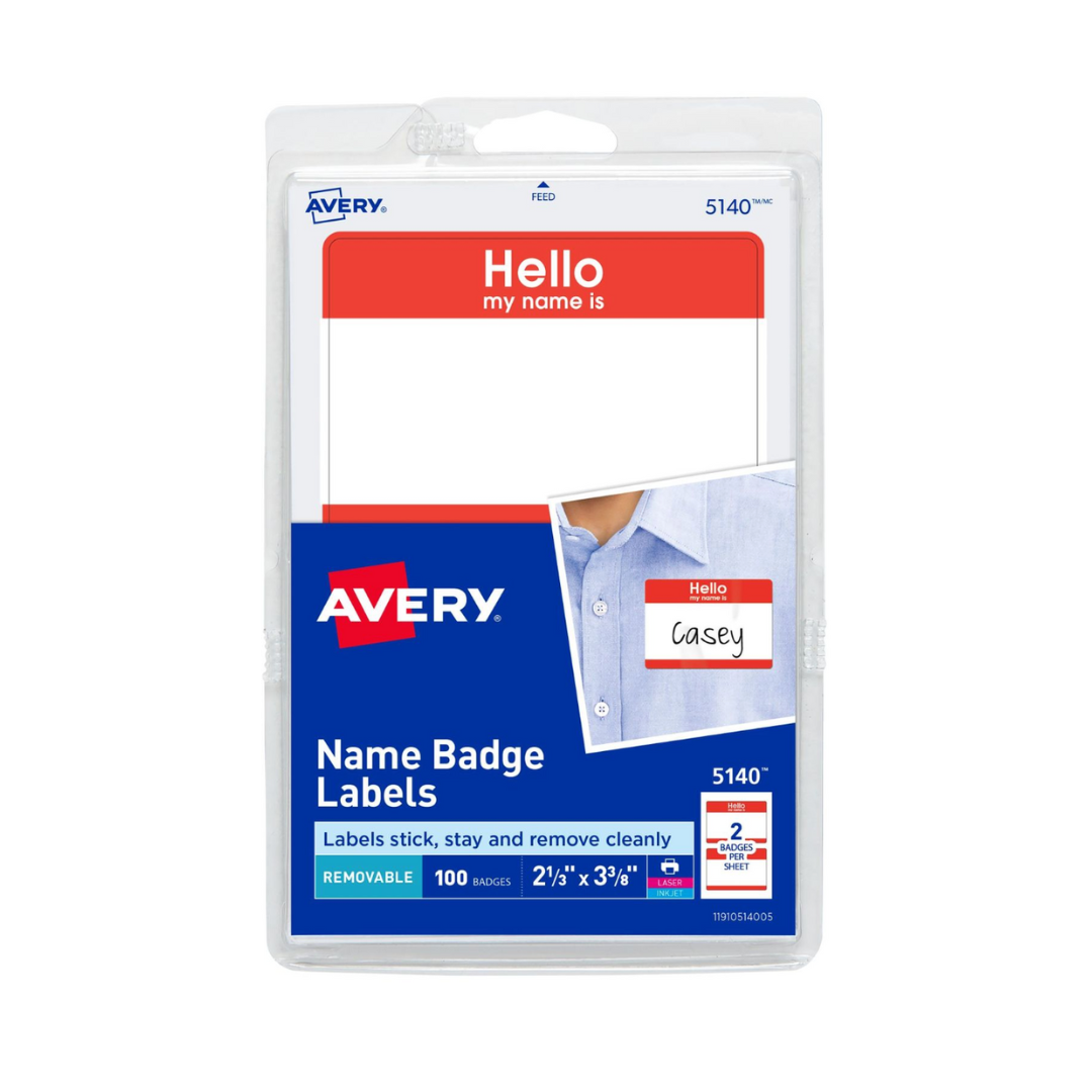 Avery® Etiquetas para distintivos de identificación "Hello My Name Is", borde rojo, 8.6 x 5.9 cms, 100 distintivos (5140)