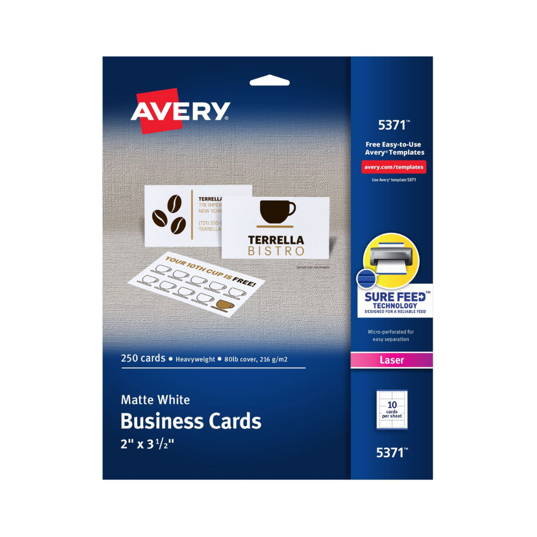 Avery® Tarjetas de presentación imprimibles con Sure Feed™, 8.9 x 5.1 cms, blancas, 250 tarjetas en blanco, impresión láser (5371)