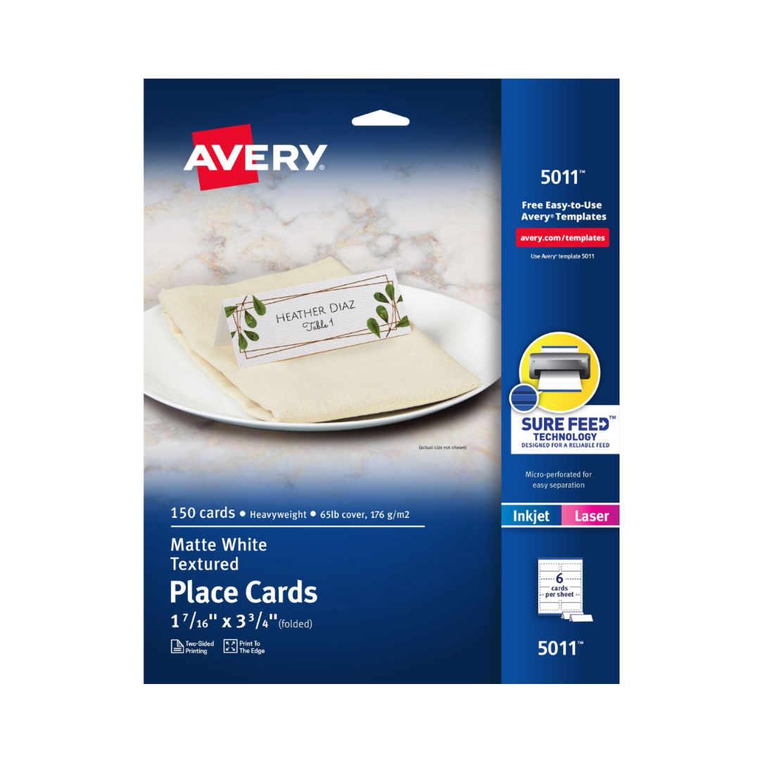 Avery® Tarjetas para mesa imprimibles, con tecnología Sure Feed®, 9.5 x 3.7 cms, blanco texturizado, 150 tarjetas de ubicación en blanco (5011)
