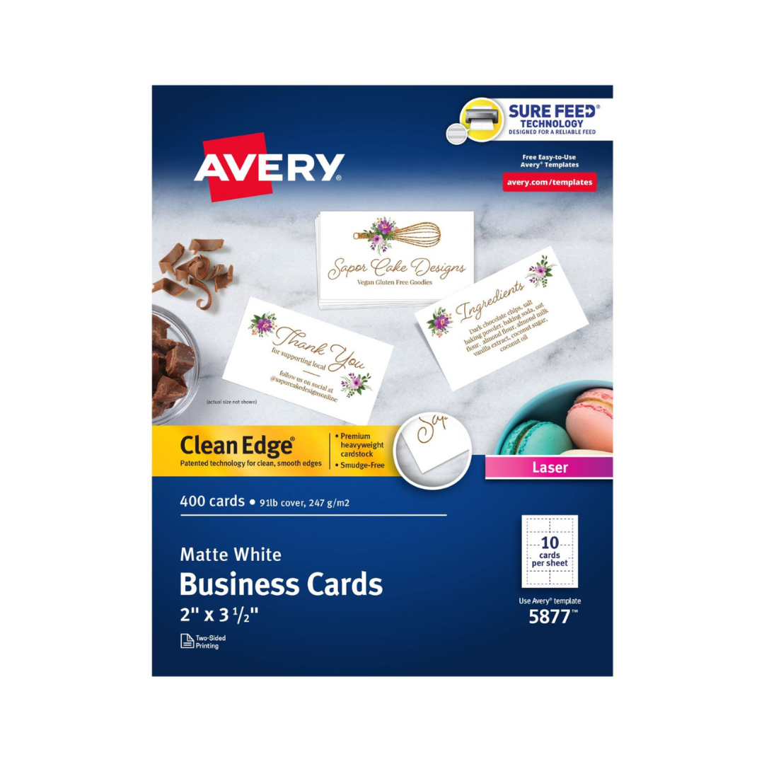 Avery® Tarjetas de presentación Clean Edge® con tecnología Sure Feed, 8.9 x 5.1 cms, blanco, 400 tarjetas en blanco (05877)