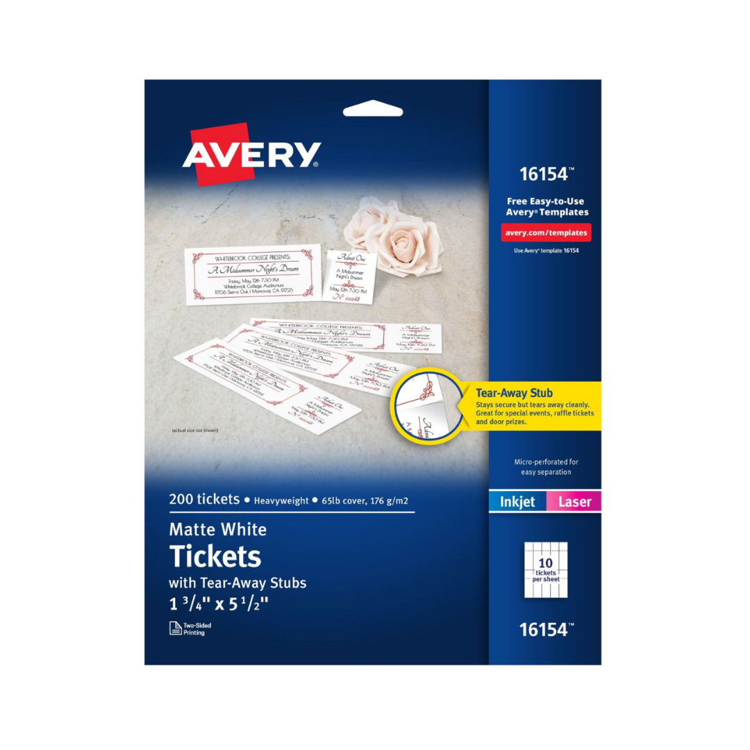 Avery® Tiquetes con desprendible, 14 x 4.4 cms, blanco mate, 200 boletos en blanco (16154)