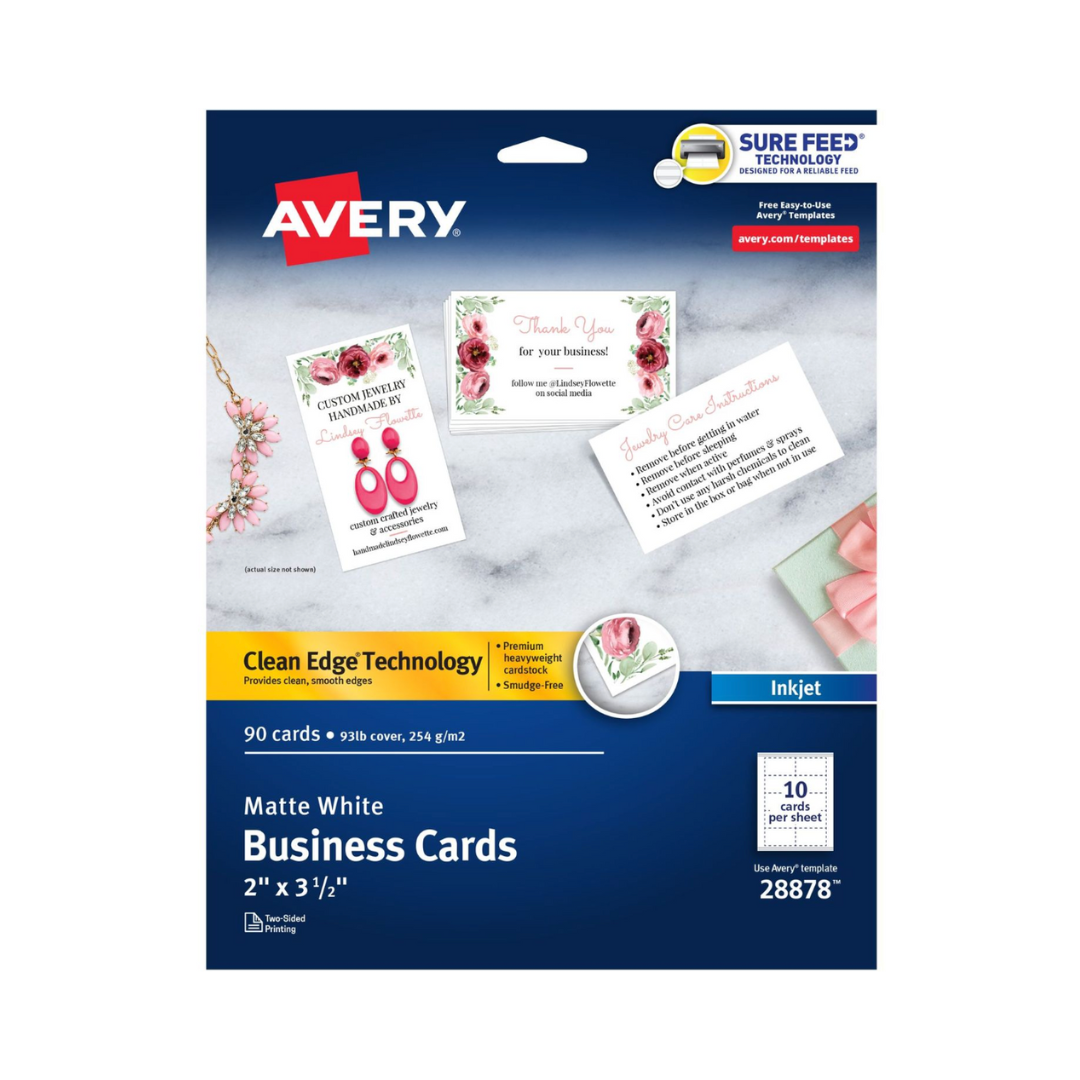 Avery® Tarjetas de presentación Clean Edge®  con tecnología Sure Feed, 8.9 x 5.1 cms, 90 tarjetas en blanco (28878)