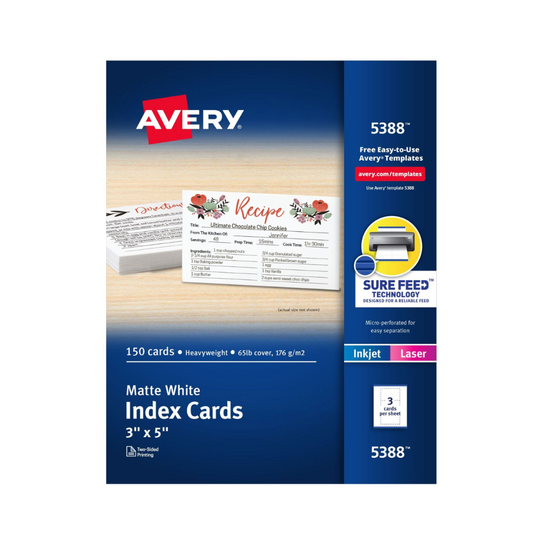 Avery® Tarjetas de índice imprimibles, con tecnología Sure Feed®, 12.7 x 7.6 cms, blancas, 150 fichas en blanco (5388)
