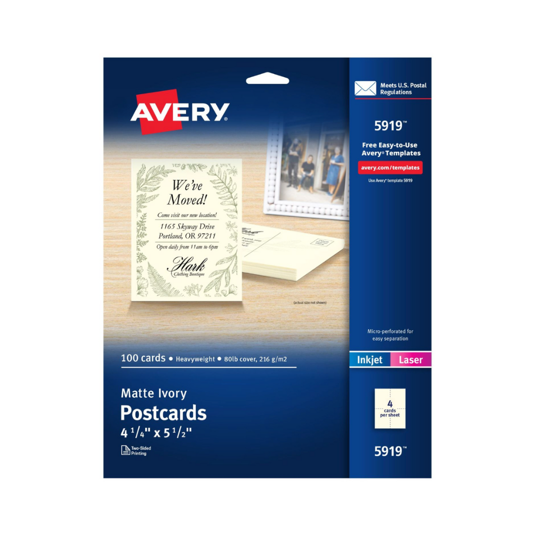 Avery® Postales imprimibles, 14 x 10.8 cms, color marfil, 100 postales en blanco para impresoras láser y de inyección de tinta (5919)