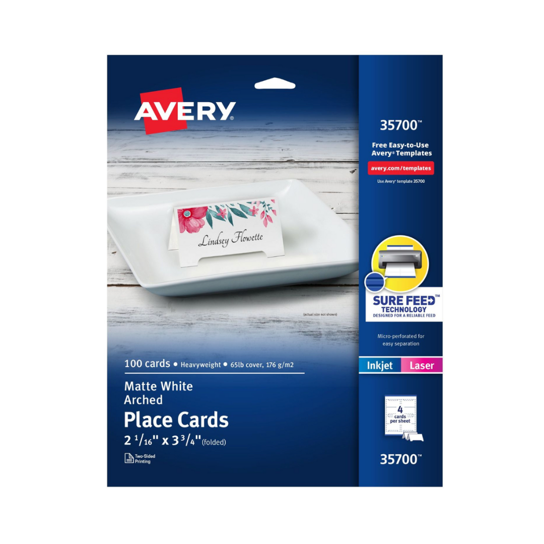 Avery® Tarjetas para mesa con arco, imprimibles con tecnología Sure Feed®, 9.5 x 5.5 cms, blancas, 100 tarjetas de ubicación en blanco (35700)