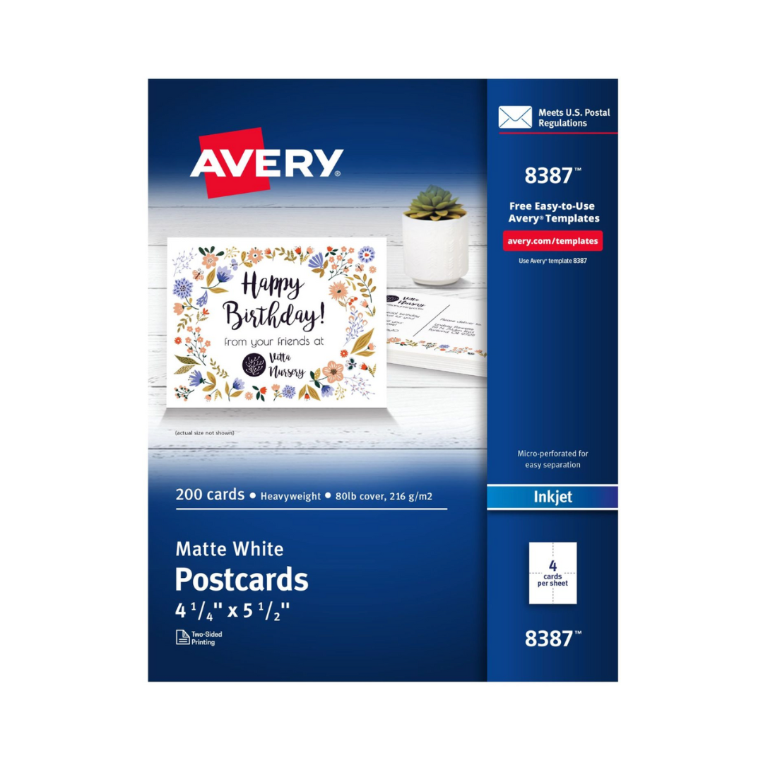 Avery® Postales imprimibles, 14 x 10.8 cms, blanco mate, 200 postales en blanco para impresoras de inyección de tinta (8387)