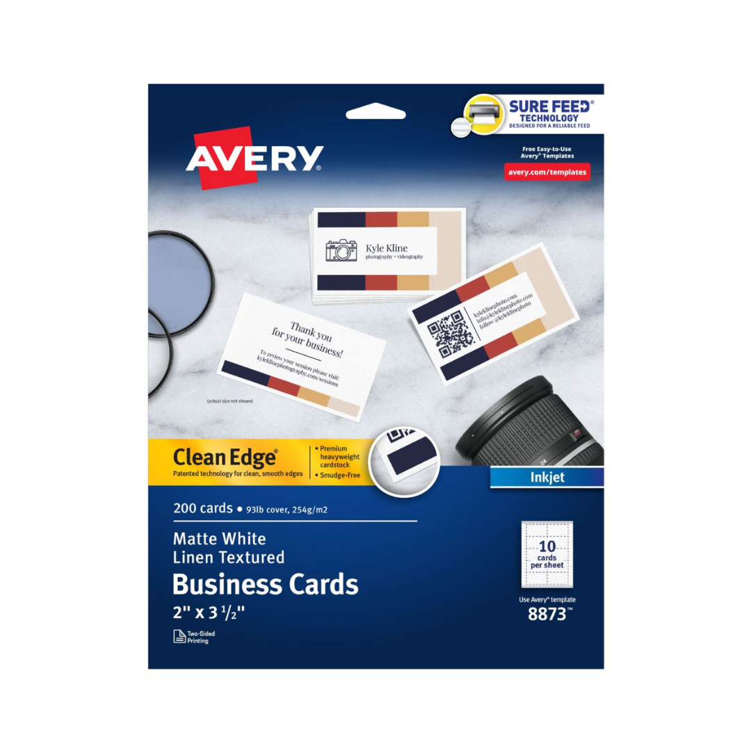 Avery® Tarjetas de presentación Clean Edge®  con tecnología Sure Feed, 8.9 x 5.1 cms, color blanco texturizado, 200 tarjetas en blanco (08873)