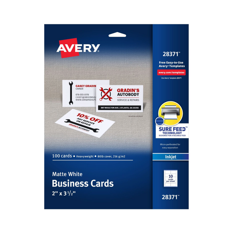 Avery® Tarjetas de presentación con tecnología Sure Feed, 8.9 x 5.1 cms, color blanco, 100 tarjetas en blanco para imprimir en impresora de tinta (28371) Avery® Tarjetas de presentación con tecnología Sure Feed, 8.9 x 5.1 cms, color blanco, 100 tarjetas en blanco para imprimir en impresora de tinta (28371)