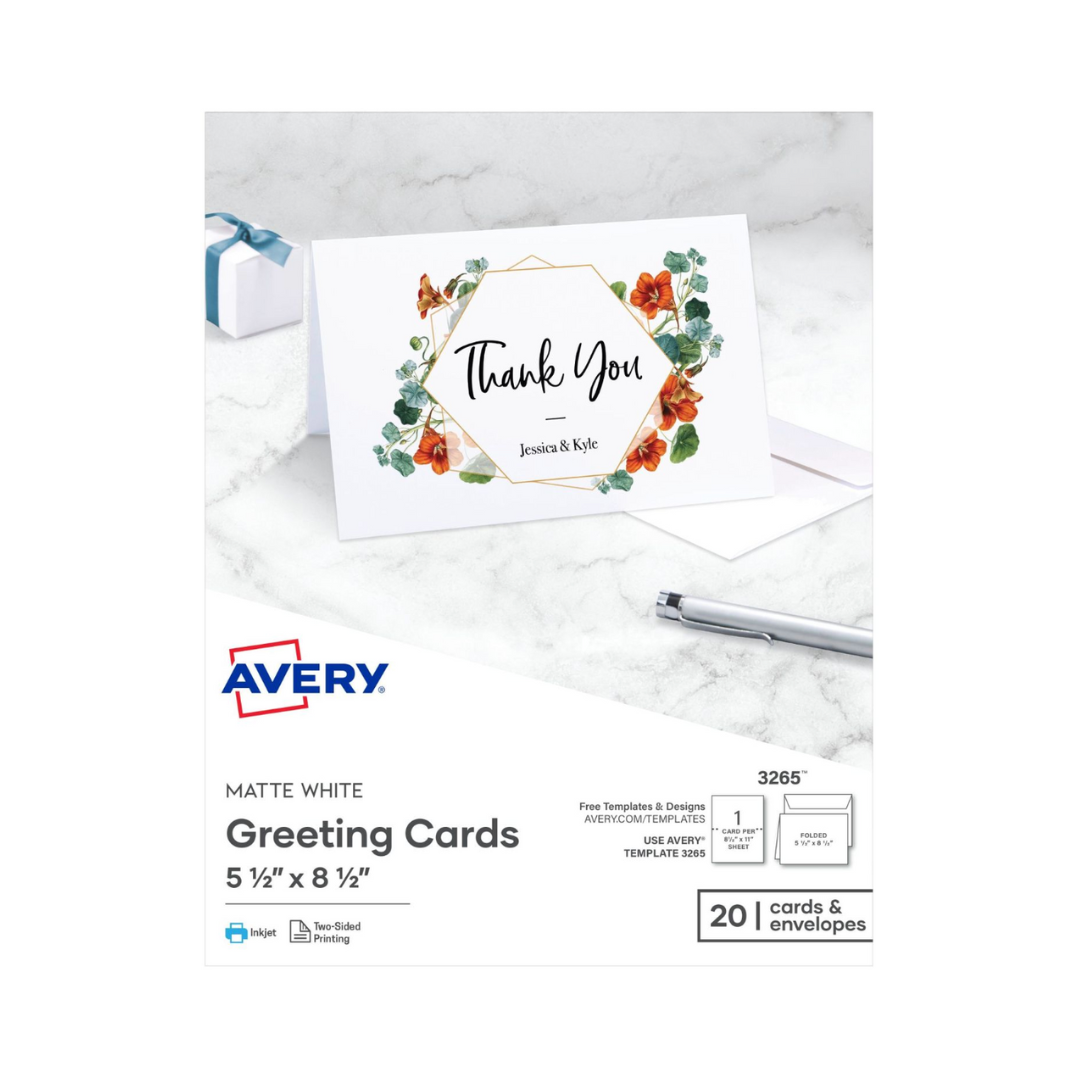Avery® Tarjetas de felicitación plegadas por la mitad, 21.5 x 14 cms tamaño abierto, blanco mate, 20 tarjetas con sobres (3265)