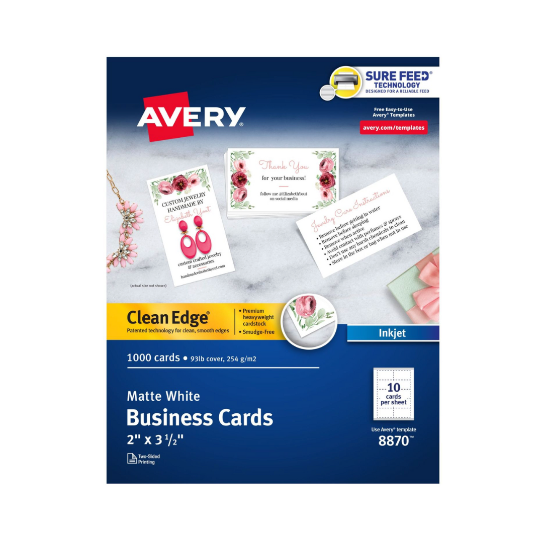 Avery® Tarjetas de presentación Clean Edge®  con tecnología Sure Feed, 8.9 x 5.1 cms, color blanco,1000 tarjetas en blanco (08870)
