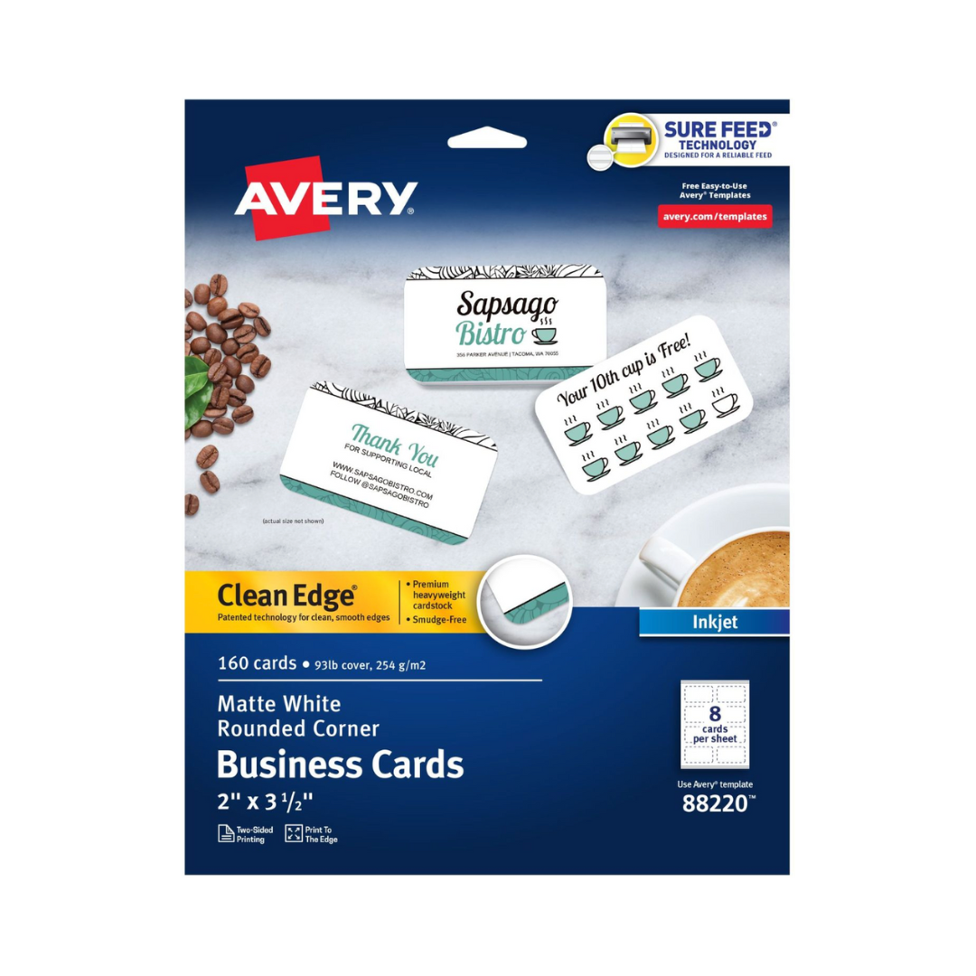 Avery® Tarjetas de presentación Clean Edge®  con tecnología Sure Feed, 8.9 x 5.1 cms, blanco, 160 tarjetas (88220)