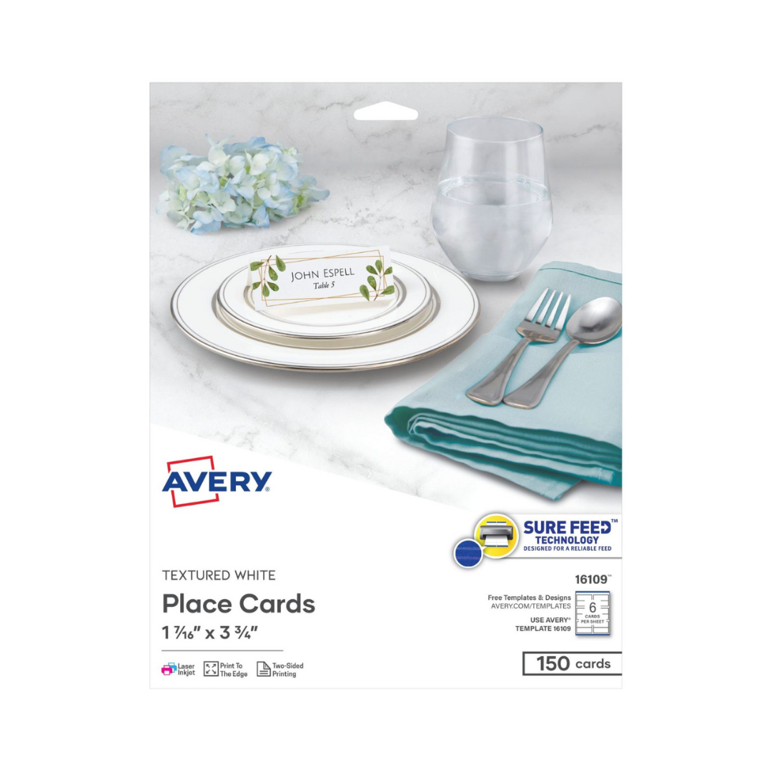 Avery® Tarjetas para mesa, con tecnología Sure Feed, 9.5 x 3.7 cms, color blanco texturizado, 150 tarjetas tipo carpa (16109)