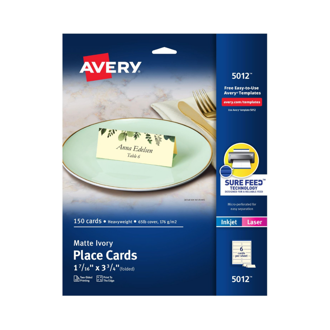 Avery® Tarjetas para mesa, imprimibles, con tecnología Sure Feed®, 9.5 x 3.7 cms, marfil texturizado, 150 tarjetas de ubicación en blanco (5012)