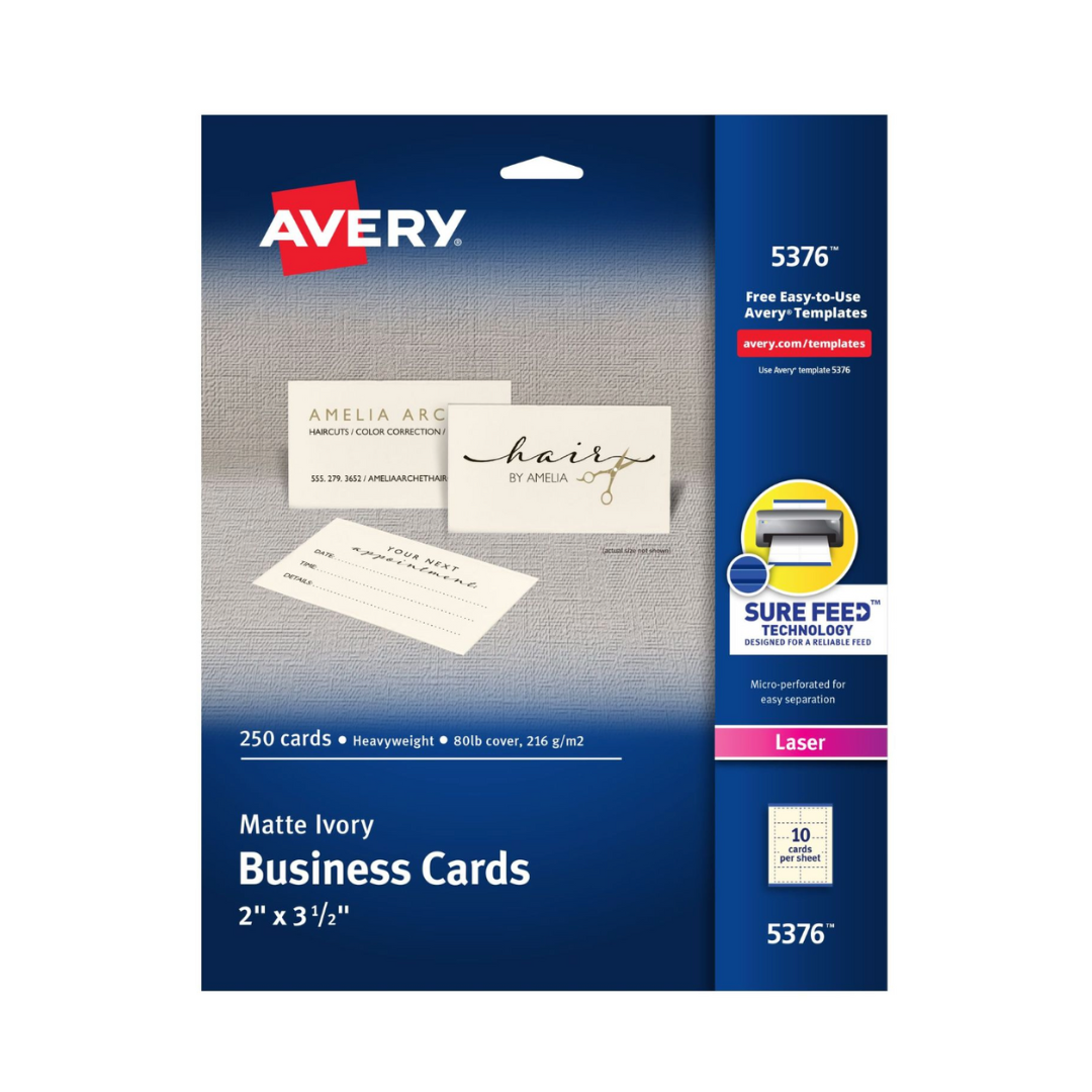 Avery® Tarjetas de presentación imprimibles con Sure Feed™, 8.9 x 5.1 cms, marfil, 250 tarjetas en blanco para impresoras láser (5376)