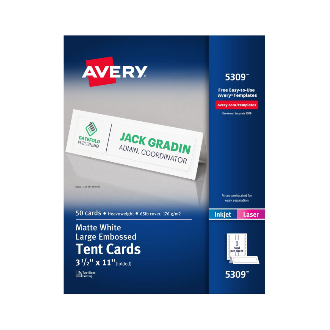 Avery® Tarjetas para mesa, imprimibles, 27.9 x 8.9 cms, blancas con borde en relieve, 50 tarjetas de ubicación (5309)