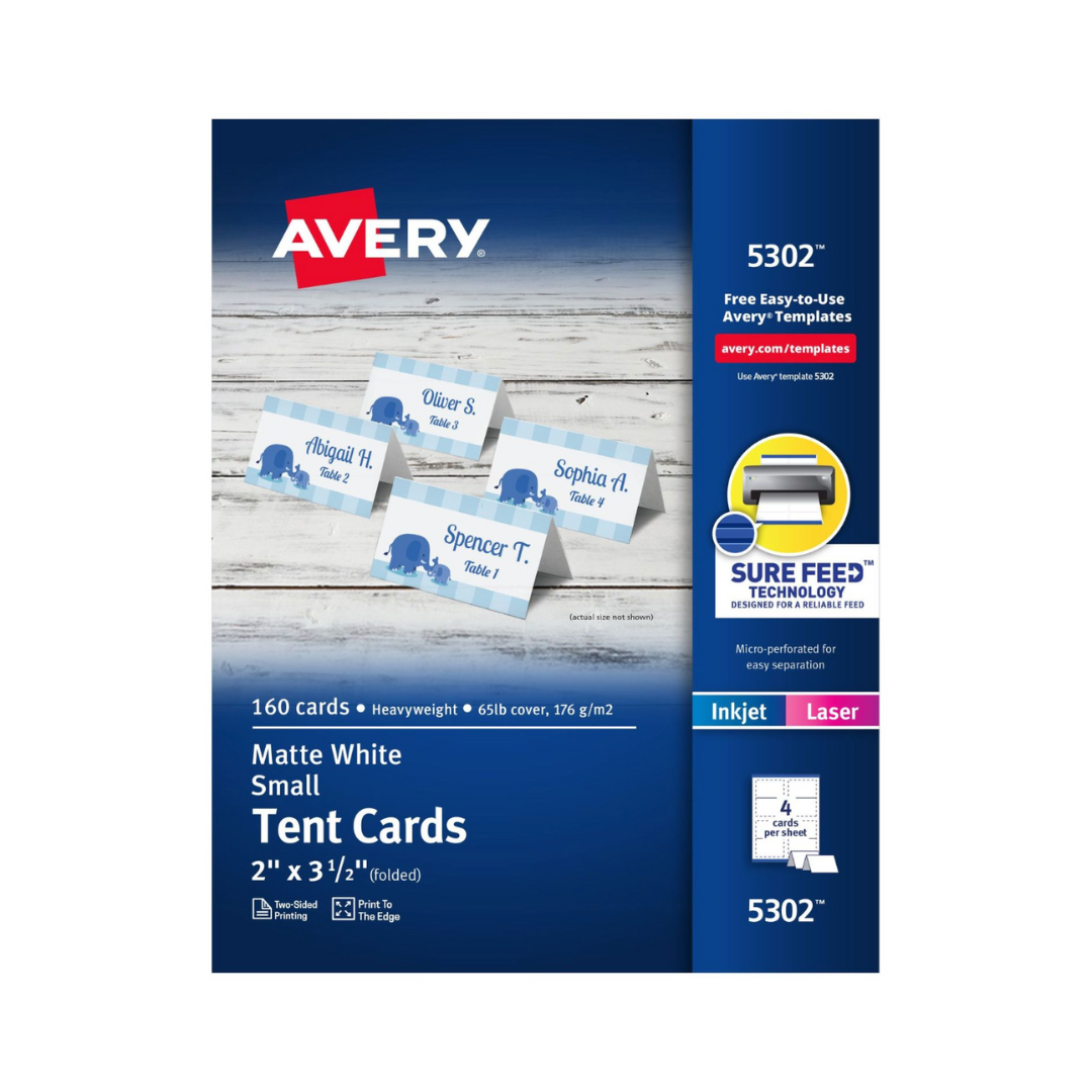 Avery® Tarjetas para mesa imprimibles, pequeñas, con tecnología Sure Feed®, 8.9 x 5.1 cms, blancas, 160 tarjetas de ubicación (5302)