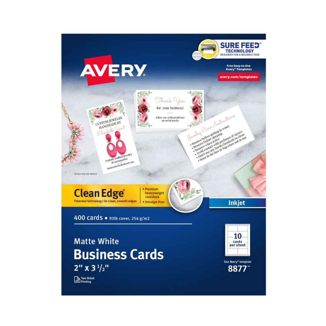 Avery® Tarjetas de presentación Clean Edge®  con tecnología Sure Feed, 8.9 x 5.1 cms, blanco, 400 tarjetas en blanco (08877)
