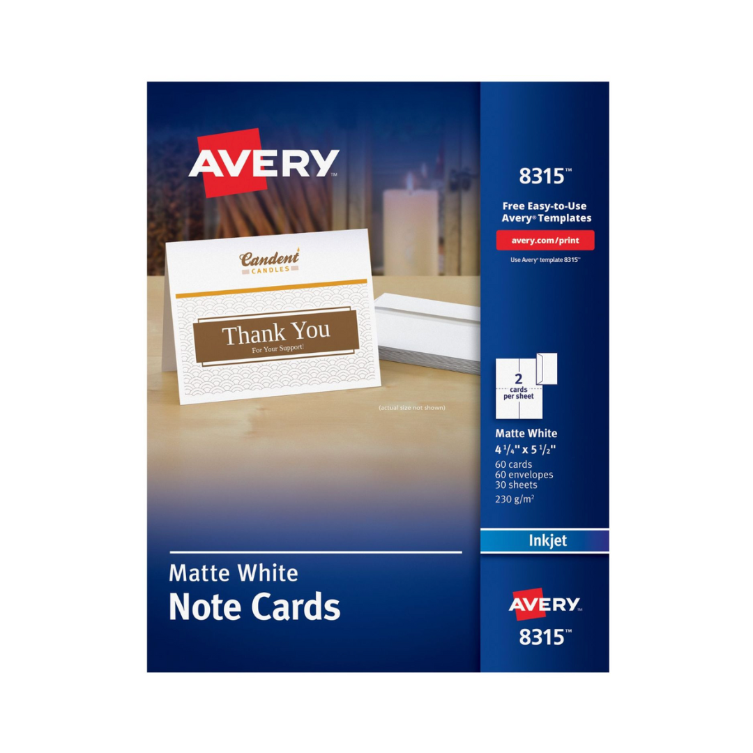 Avery® Tarjetas de notas con sobres, 10.8 x 14 cms, blanco mate, 60 tarjetas de notas en blanco para impresoras de inyección de tinta (8315)