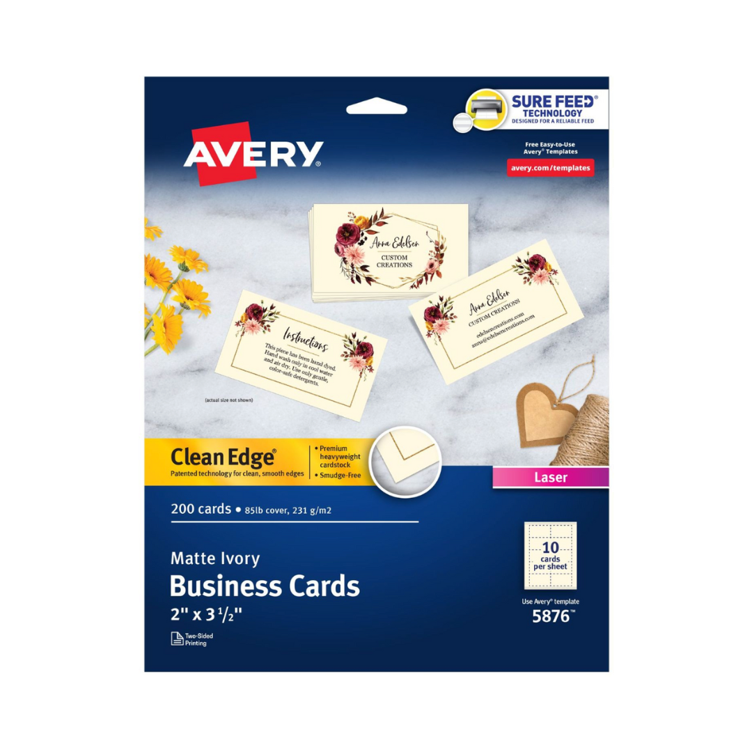 Avery® Tarjetas de presentación Clean Edge® con tecnología Sure Feed, 8.9 x 5.1 cms, marfil, 200 tarjetas en blanco (05876)