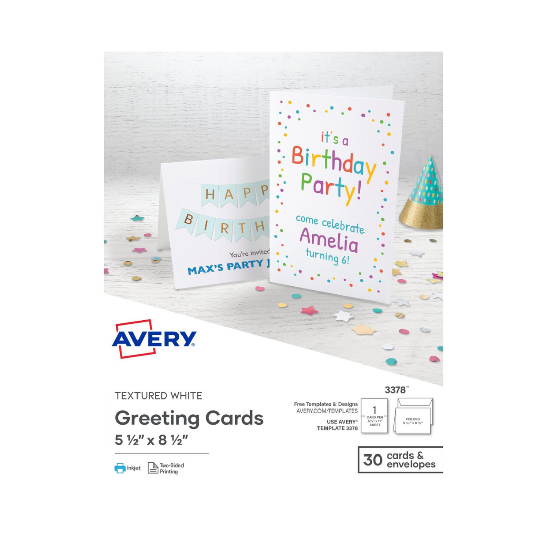 Avery® Tarjetas de felicitación plegadas por la mitad, tamaño abierto 21.5 x 14 cms, blanco texturizado, 30 tarjetas con sobres (3378)