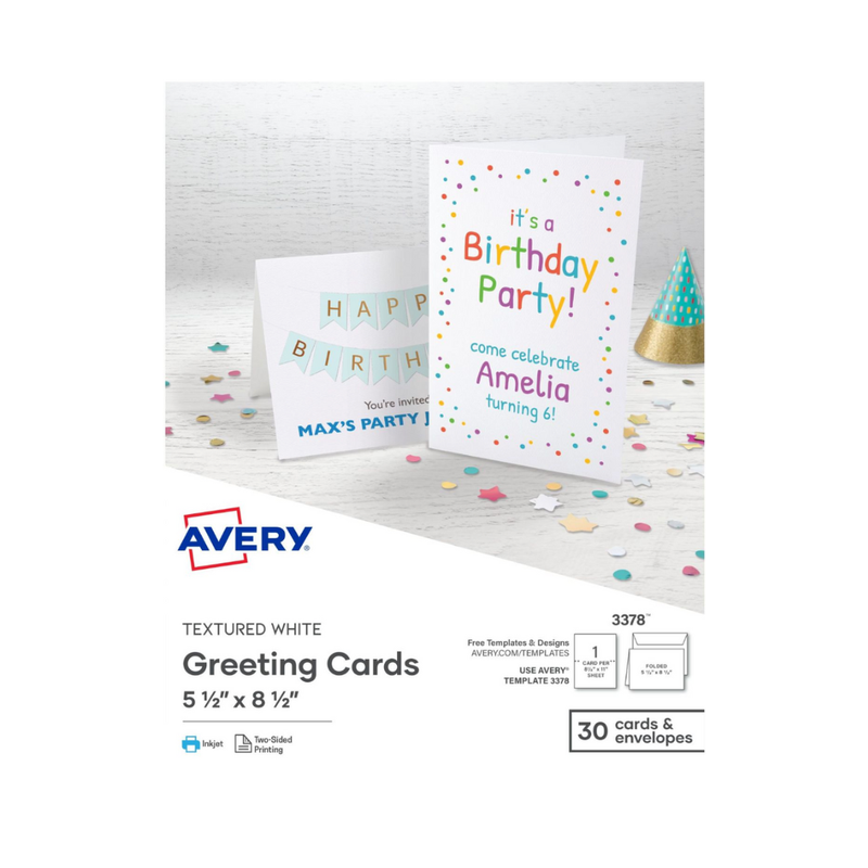 Avery® Tarjetas de felicitación plegadas por la mitad, tamaño abierto 21.5 x 14 cms, blanco texturizado, 30 tarjetas con sobres (3378)