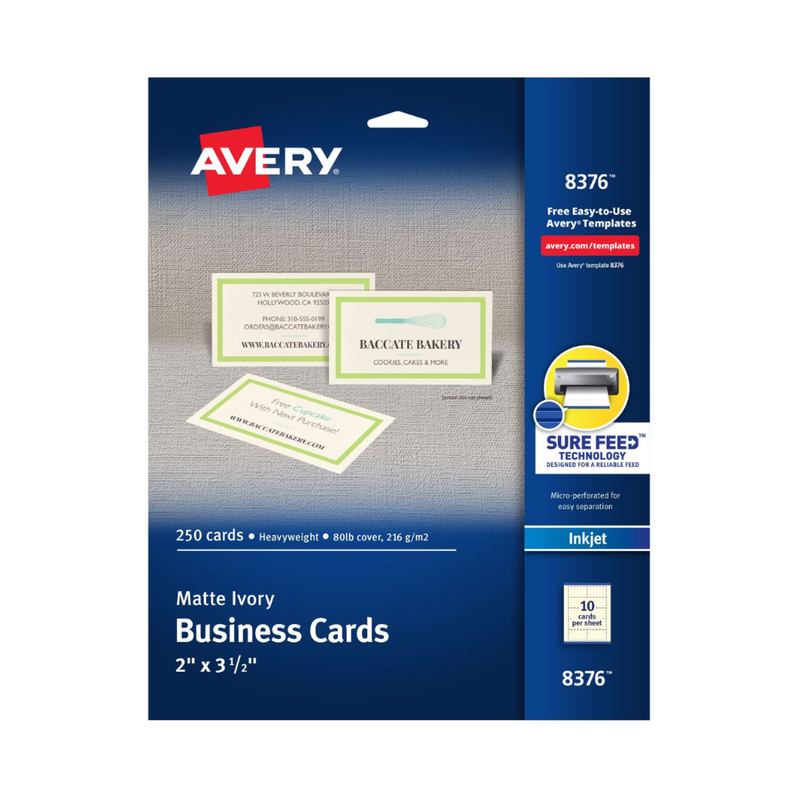 Avery® Tarjetas de presentación con tecnología Sure Feed, 8.9 x 5.1 cms, color marfil, 250 tarjetas en blanco para impresoras de inyección de tinta (8376) Avery® Tarjetas de presentación con tecnología Sure Feed, 8.9 x 5.1 cms, color marfil, 250 tarjetas en blanco para impresoras de inyección de tinta (8376)