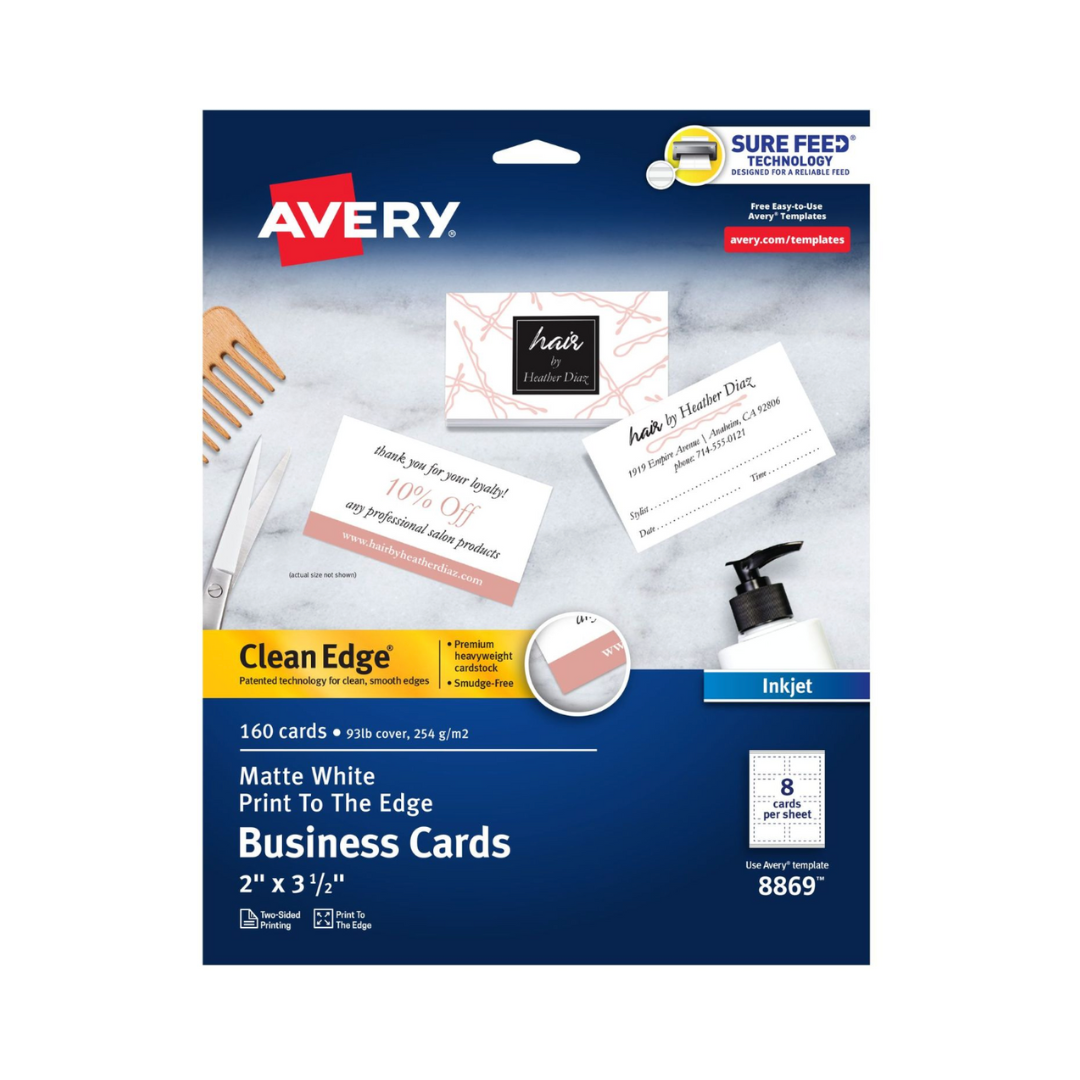 Avery® Tarjetas de presentación Clean Edge®  con tecnología Sure Feed, 8.9 x 5.1 cms, color blanco, 160 tarjetas en blanco (08869)