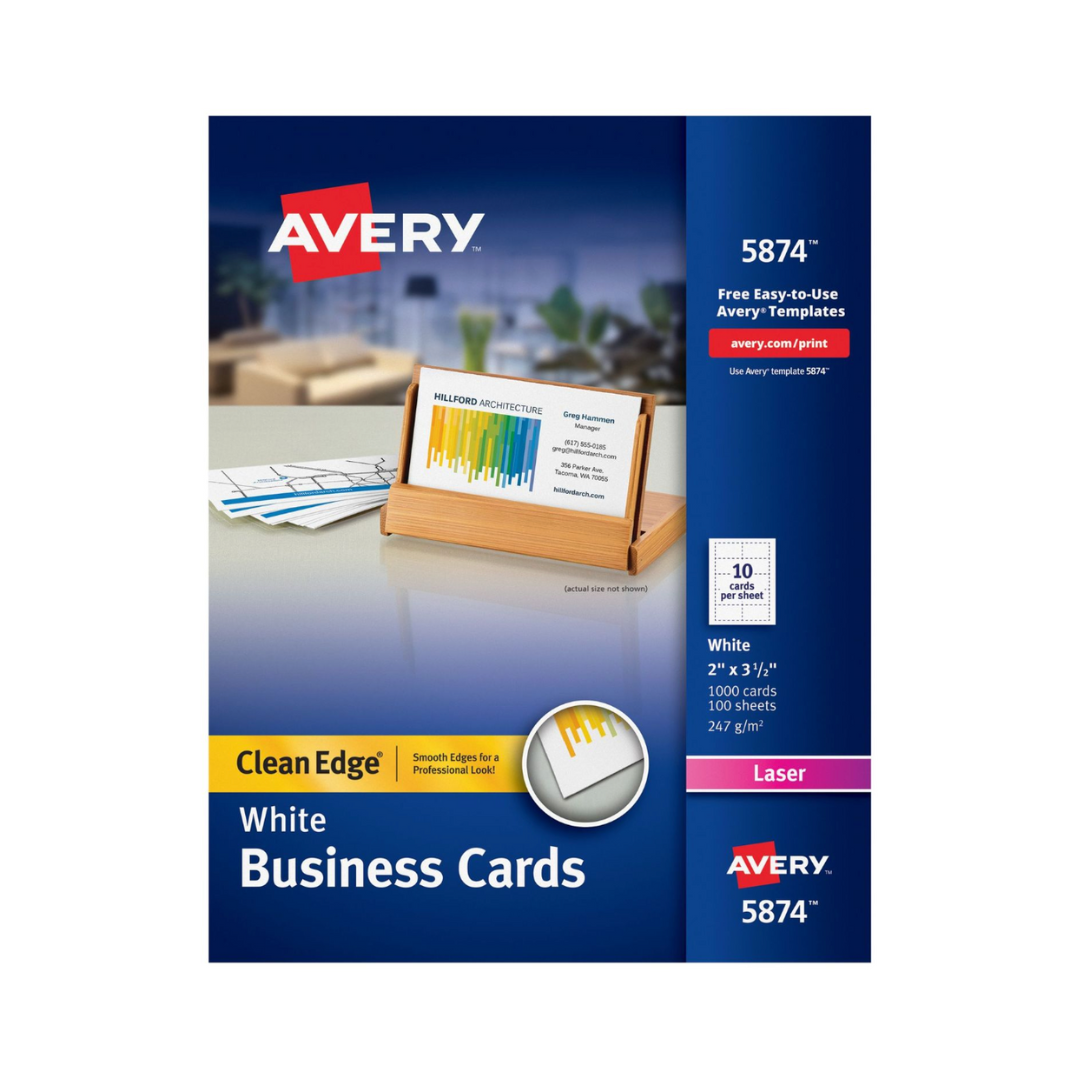 Avery® Tarjetas de presentación Clean Edge® con tecnología Sure Feed, 8.9 x 5.1 cms, blanco, 1000 tarjetas en blanco para impresoras láser (05874)
