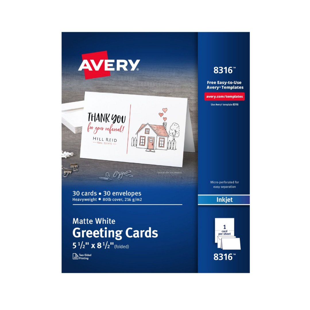 Avery® Tarjetas de felicitación plegadas por la mitad, 21.5 x 14 cms tamaño abierto, blanco mate, 30 tarjetas con sobres (8316)