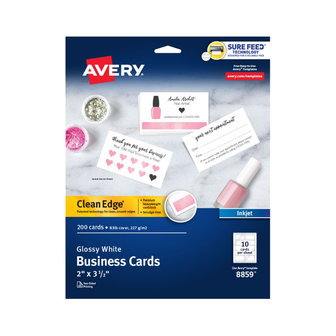 Avery® Tarjetas de presentación Clean Edge®  con tecnología Sure Feed, 8.9 x 5.1 cms, blanco brillante, 200 tarjetas (8859)