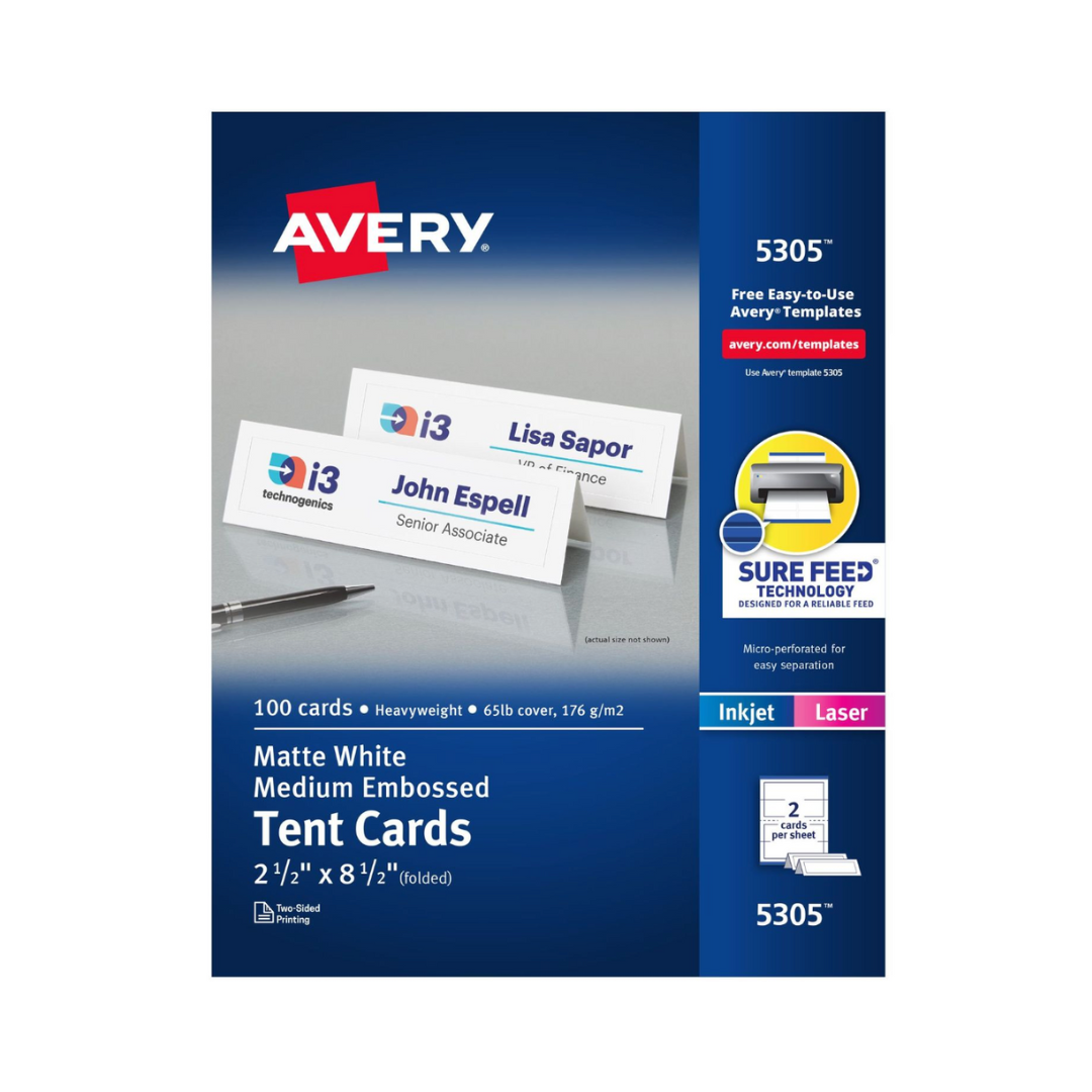 Avery® Tarjetas para mesa imprimibles, con tecnología Sure Feed®, 21.6 x 6.4cms, blancas con borde en relieve, 100 tarjetas de ubicación (5305)