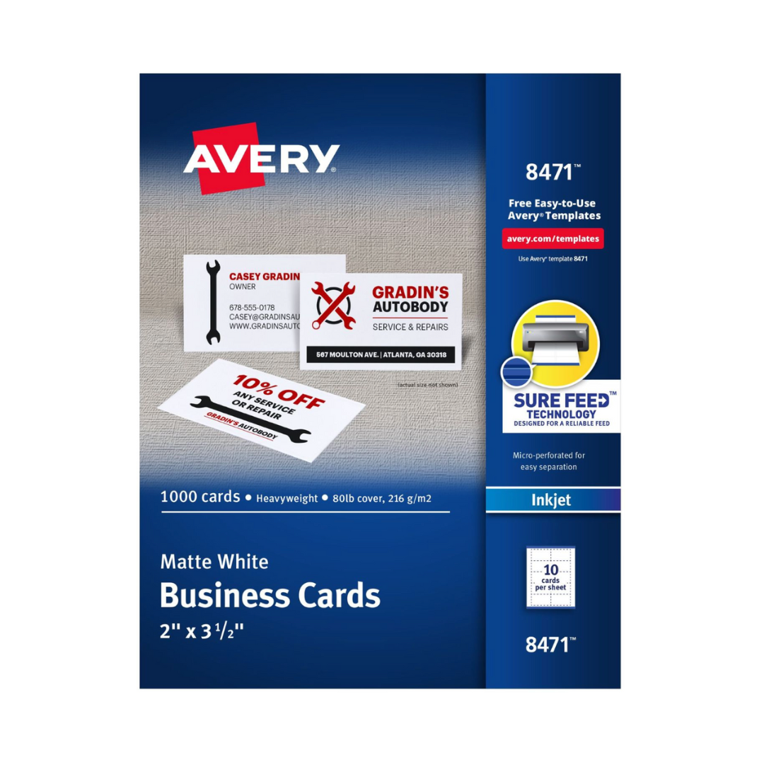Avery® Tarjetas de presentación, Teconología Sure Feed™, 8.9 x 5.1 cms, impresión en inyección de tinta, 1000 tarjetas (8471)