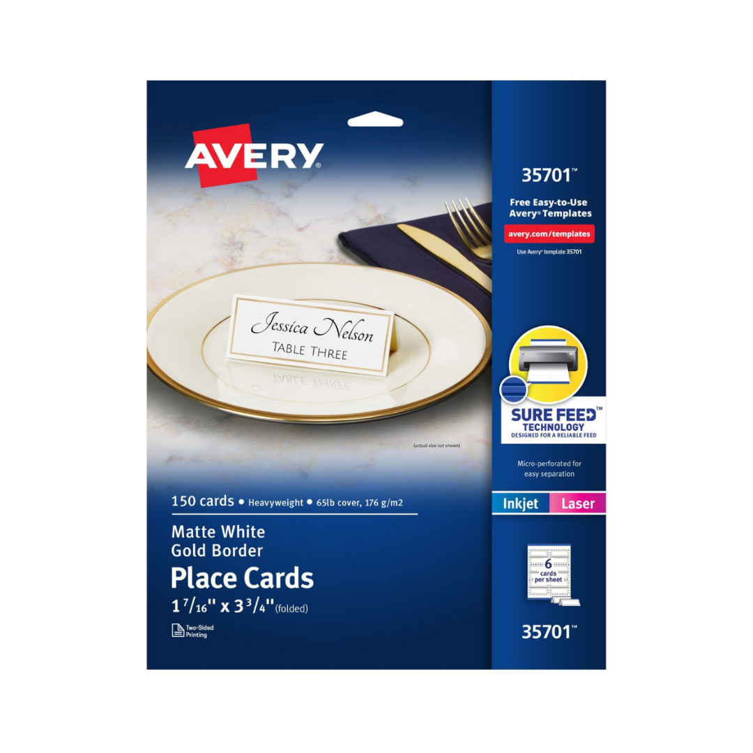 Avery® Tarjetas para mesa, imprimibles con tecnología Sure Feed®, 9.5 x 3.7 cms, blancas con borde dorado, 150 tarjetas de ubicación (35701)