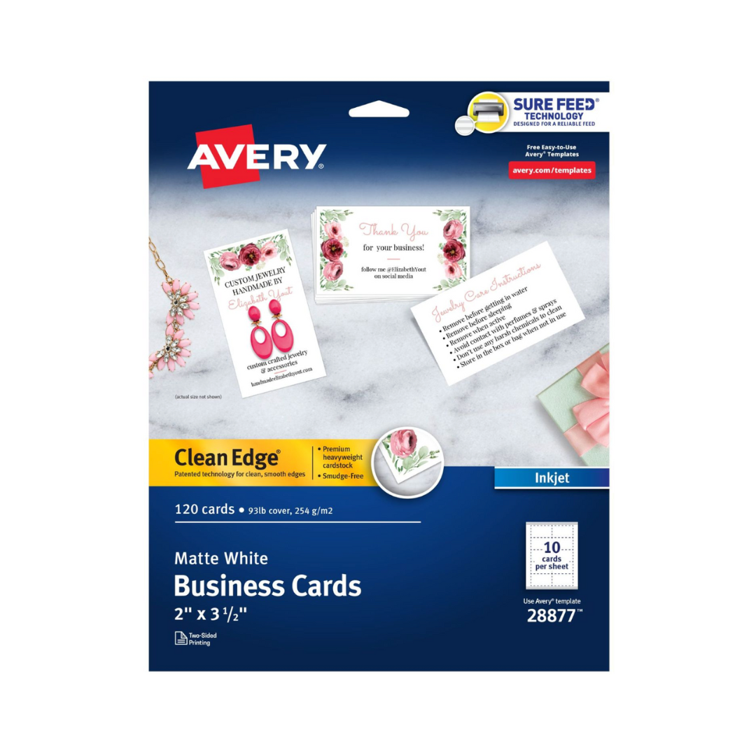Avery® Tarjetas de presentación Clean Edge®  con tecnología Sure Feed, 8.9 x 5.1 cms, 120 tarjetas en blanco (28877)