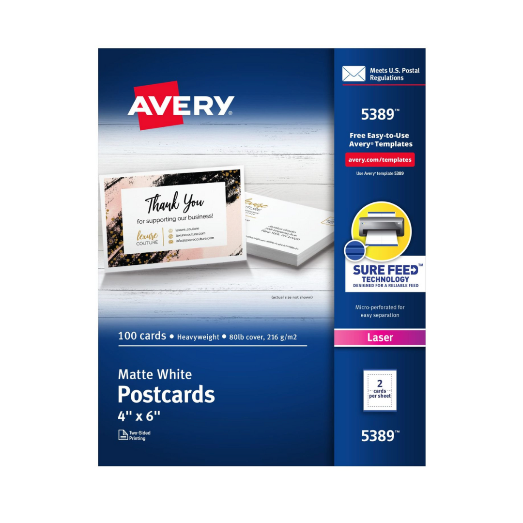 Avery® Postales blancas imprimibles con tecnología Sure Feed®, 15.2 x 10.2 cms, 100 postales en blanco para impresoras láser (5389)