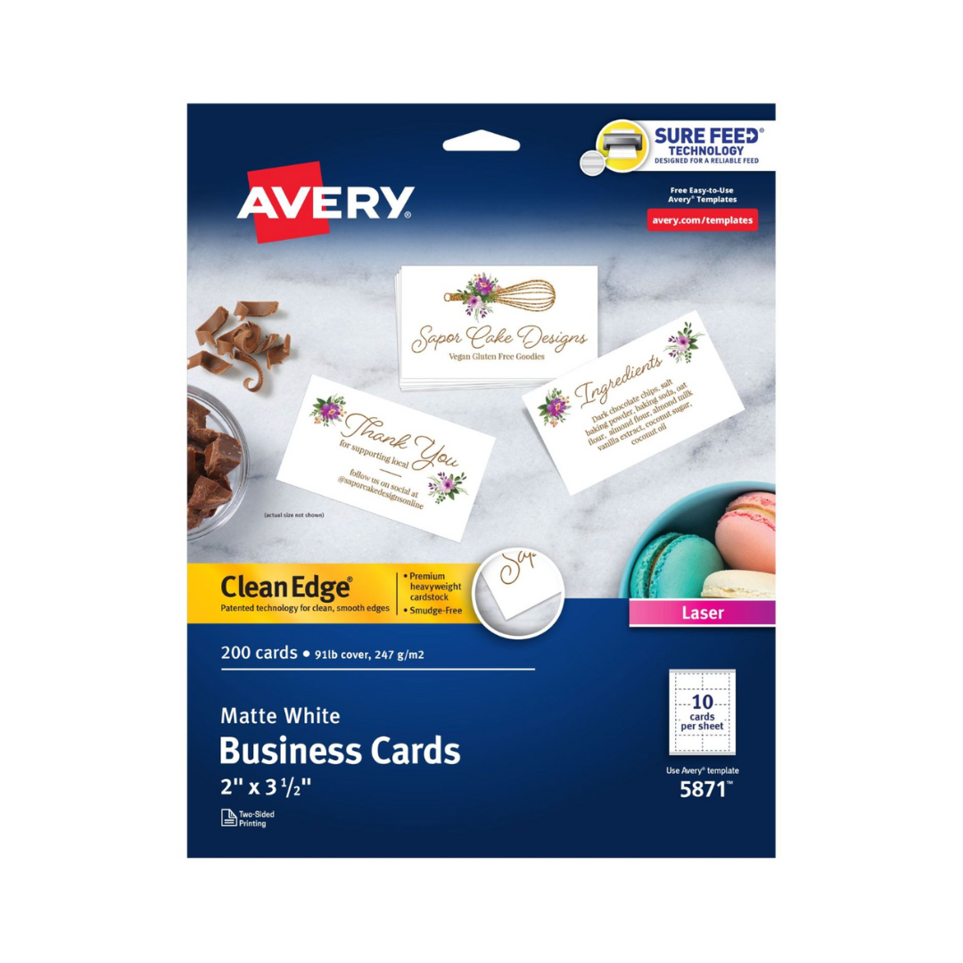Avery® Tarjetas de presentación Clean Edge® con tecnología Sure Feed, 8.9 x 5.1 cms, blanco, 200 tarjetas en blanco (05871)