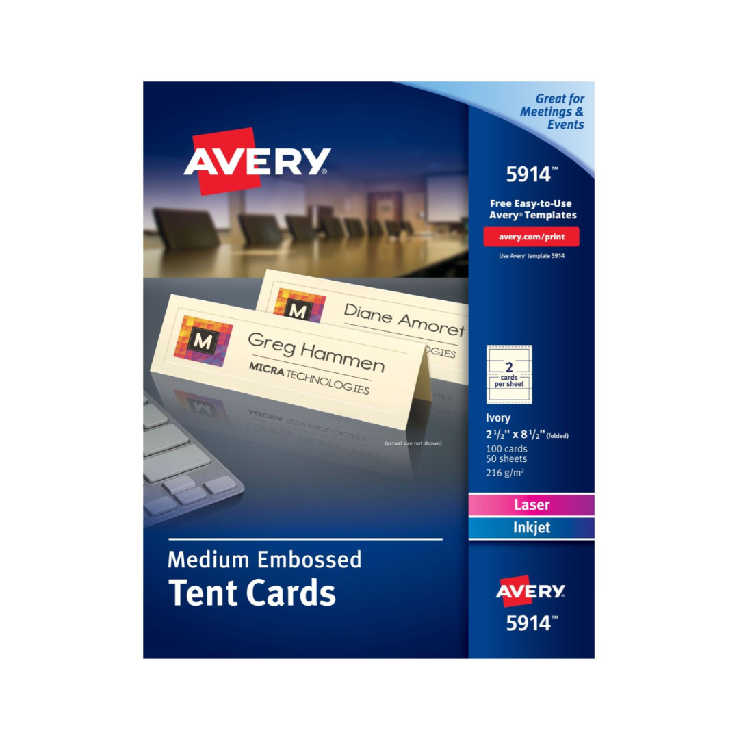Avery® Tarjetas para mesa imprimibles, con tecnología Sure Feed®, 21.6 x 6.4, marfil con borde en relieve, 100 tarjetas de ubicación (5914)