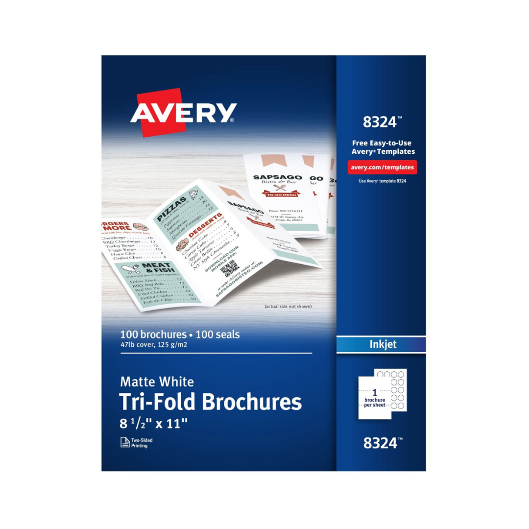 Avery® Folletos trípticos con sellos de correo, 21.5 x 27.9 cms, blanco mate, 100 folletos para impresoras de inyección de tinta (8324)