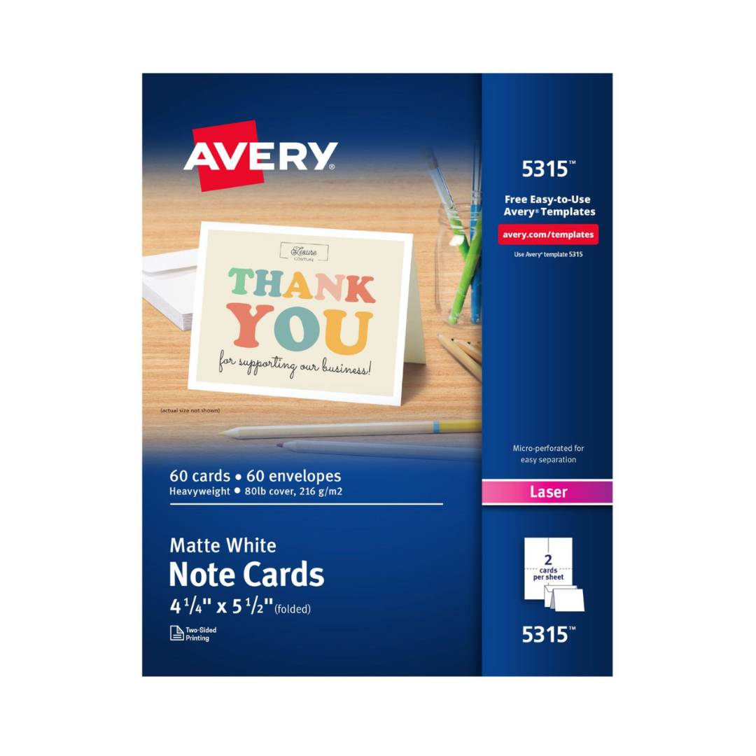 Avery® Tarjetas para notas con sobres, 14 x 10.8 cms, blanco, 60 tarjetas de notas en blanco para impresoras láser (5315)