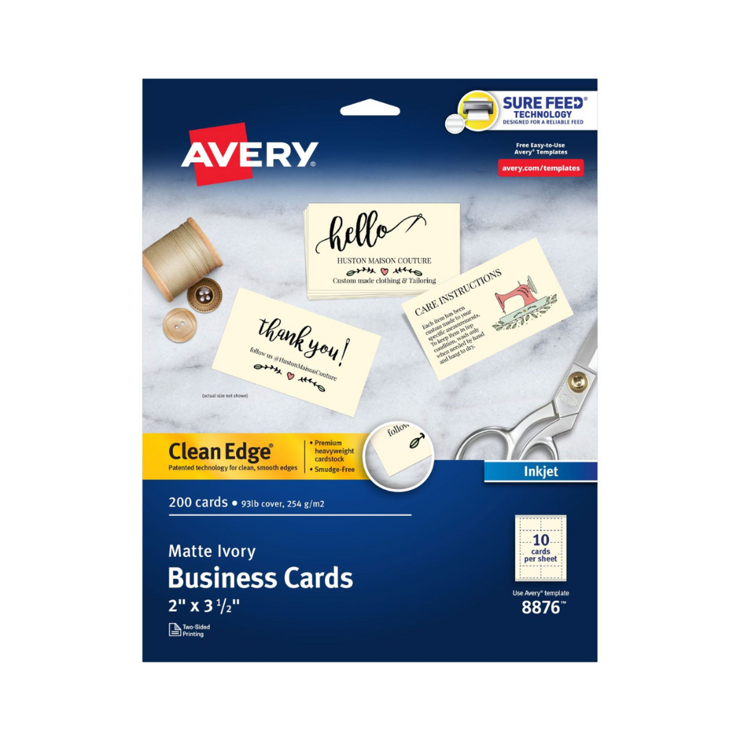 Avery® Tarjetas de presentación Clean Edge®  con tecnología Sure Feed, 8.9 x 5.1 cms, color marfil, 200 tarjetas (8876)