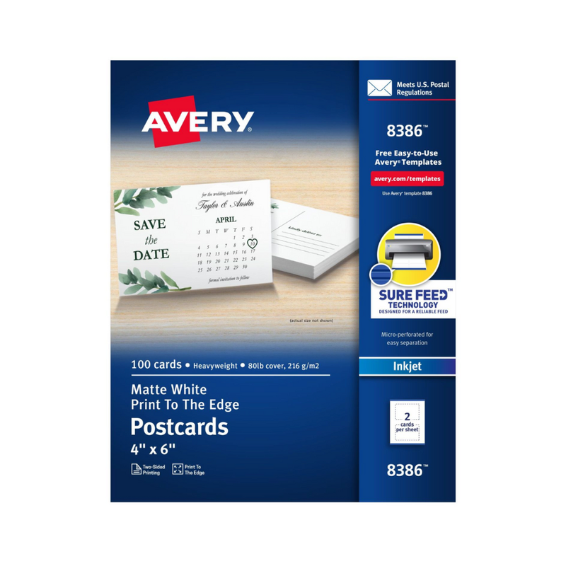 Avery® Postales imprimibles, con tecnología Sure Feed, 15.2 x 10.2cms, blanco, 100 postales en blanco para impresoras de inyección de tinta (8386)