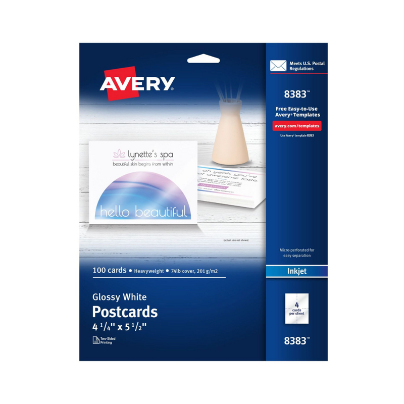Avery® Postales imprimibles, 14 x 10.8 cms, blanco brillante, 100 postales en blanco para impresoras de inyección de tinta (8383)